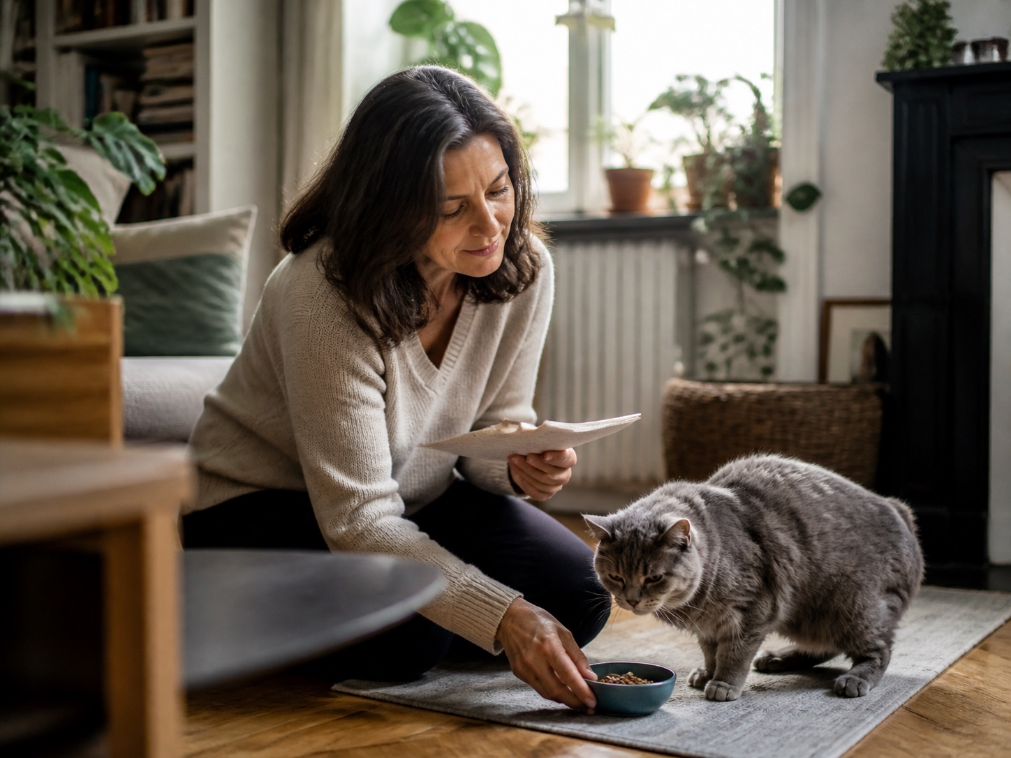 Een dierenoppasser verzorgt een oudere kat in zijn vertrouwde huis
