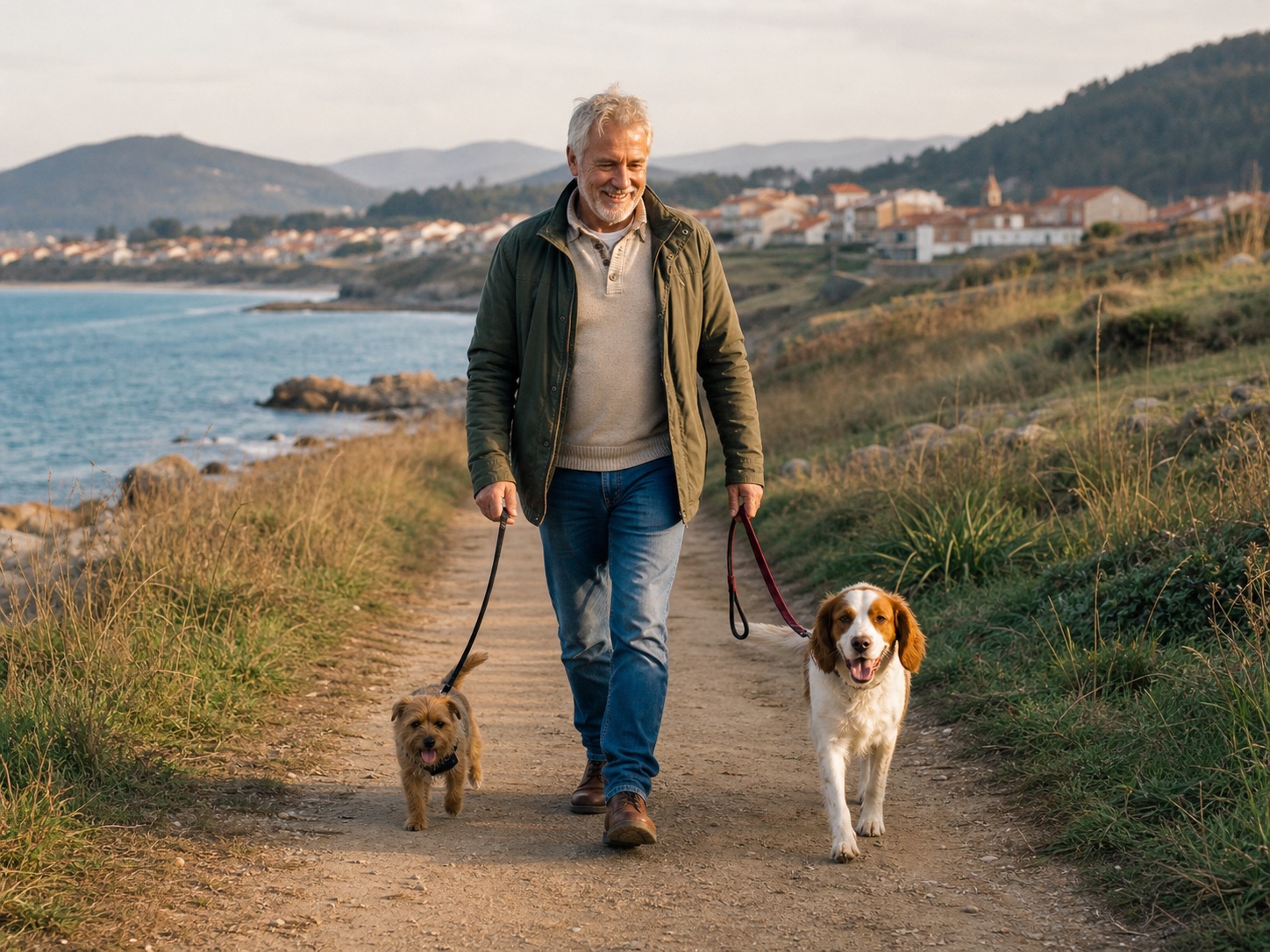 Een hobbyoppasser wandelt ontspannen met twee honden langs de kust